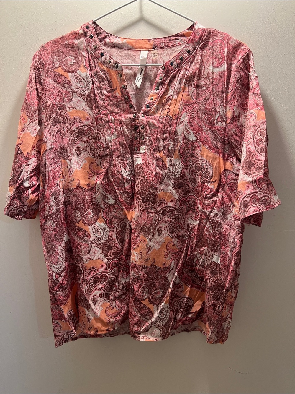 NY Collection Pink Paisley Short Sleeve Blouse with Peach Accents